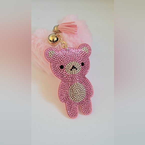 Pink Teddy Bear Tassel Fluffy Pom Pom Rhinestone Keychain Charm - Picture 3 of 5